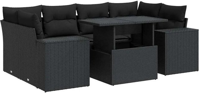 vidaXL 7-teilige Garten-Sofagarnitur in L-Form aus schwarzem Poly-Rattan mit Kissen und Metallrahmen - Bild 1