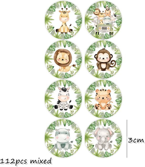 112 Stück runde Tier-Aufkleber aus Papier für Kinder in Dschungel- und Safari-Optik, Durchmesser: 3 cm, Mehrfarbig - Bild 1
