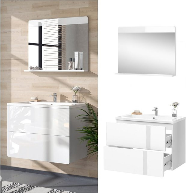 Vicco Badmöbel-Set Izan modern in Weiß Hochglanz bestehend aus Waschtischunterschrank, Waschbecken und Badspiegel - Bild 1