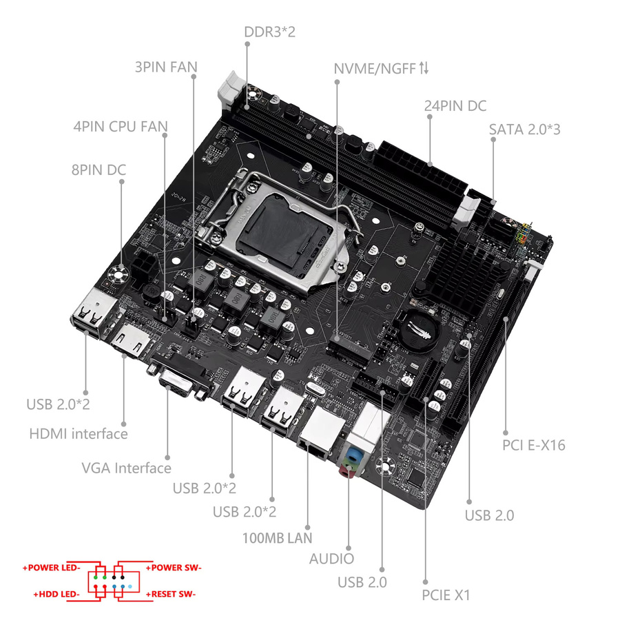 MACHINIST H61 Motherboard LGA 1155, DDR3 RAM kompatibel mit Intel Core CPUs der 2. und 3. Generation, unterstützt M.2 NVMe SSD, Schwarz - Bild 3