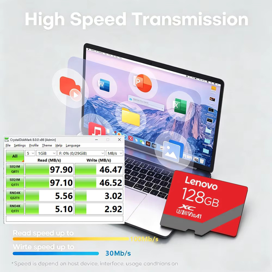 Lenovo Micro SD-Karte Klasse 10 SDXC U3 4K TF-Karte für Dashcam, Handy, Drohne und Laptop in Rot - Bild 1