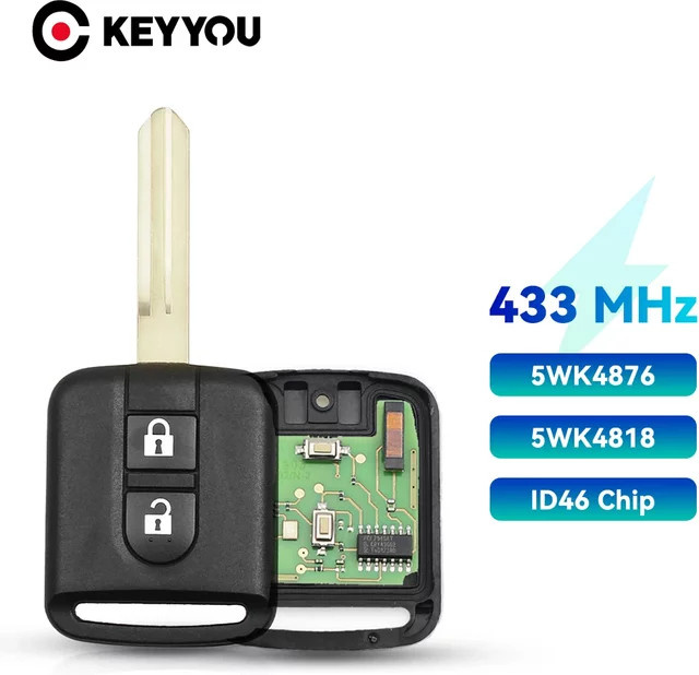 KEYYOU Auto Fernbedienung Schlüssel 433 MHz ID46 für Nissan Elgrand X-TRAIL Qashqai Navara Micra NV200 Schwarz 2 Tasten - Bild 1