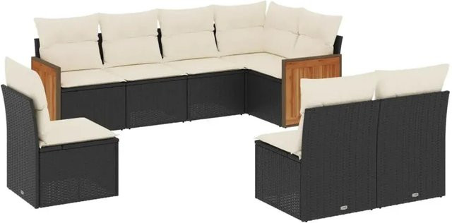 vidaXL 8-teilige Garten-Sofagarnitur in U-Form aus Poly-Rattan und Akazienholz mit Kissen in Schwarz und Cremeweiß - Bild 1