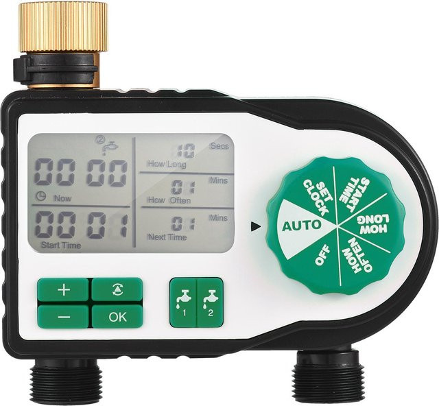 TOMTOP JMS Digitaler automatischer Bewässerungstimer mit LCD-Display und 2 Schlauchanschlüssen, programmierbarer Gartenbewässerungs-Timer in Grün - Bild 1