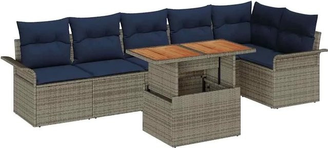 vidaXL Gartensofa-Set aus Poly-Rattan in U-Form mit 7-teiligem Polster-Set in Grau und Marineblau sowie Gartentisch und Stauraumfunktion - Bild 1