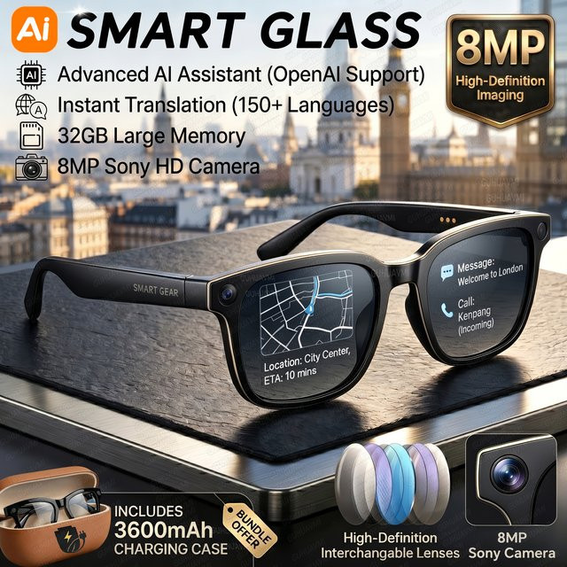 GUHUAVMI Smart Glasses AI-Brille mit 8MP 4K HD Kamera, 32GB Speicher, 3600mAh Powerbank und Übersetzungsfunktion, wasserdicht, Schwarz - Bild 1