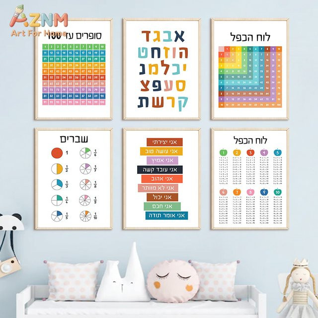 Kayou Leinwand-Wandkunst mit Hebraischem Alphabet, Zahlen, Multiplikation und Brüchen als Lerndekoration für das Kinderzimmer in Mehrfarbig - Bild 1