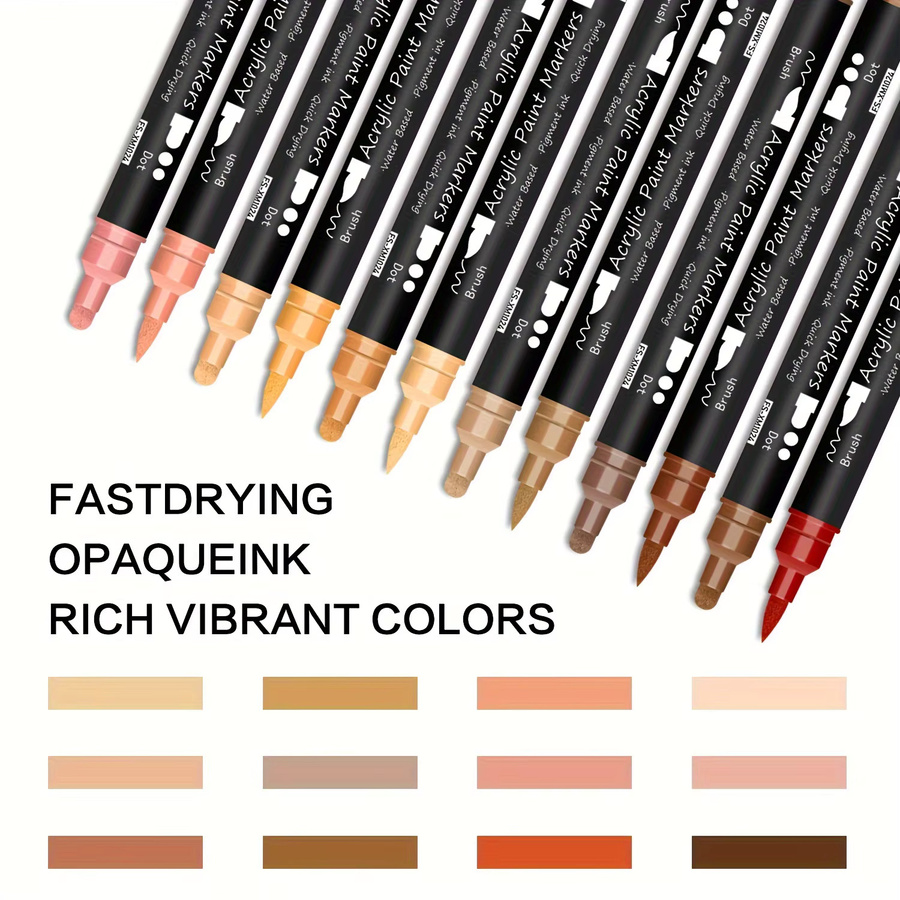 Kolorowys Acrylmarker Set mit 12 Hauttönen und Doppelspitzen aus Pinsel und Punktspitze für Stein, Leinwand, Fliesen und Glas - Bild 6