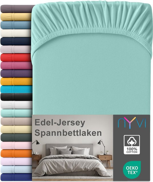 NYVI Edel Jersey Spannbettlaken Deluxe aus 100% supergekämmter Baumwolle, Farbe: Aqua, B/T: 90 x 200 cm, passend für Matratzen bis 25 cm Steghöhe - Bild 1