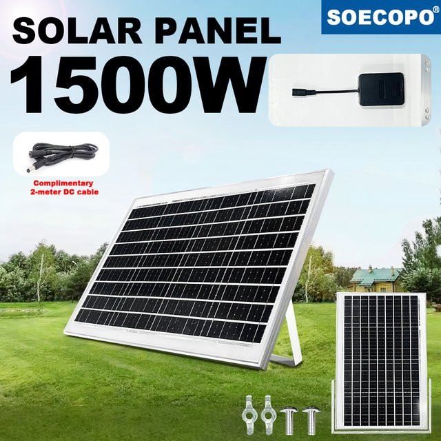 SOECOPO Tragbares Solarpanel 1500 W, hocheffiziente 10BB-Zellen Güteklasse A+, wasserdichtes Design in Schwarz, 18 V für Wohnmobil, Boot und Ausflüge - Bild 1