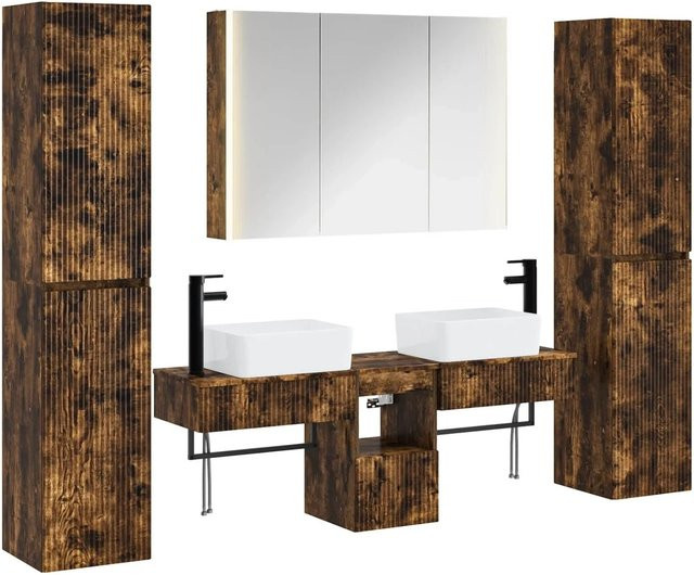 vidaXL Badezimmermöbel-Set 6-teilig in Geräucherte Eiche, modern, mit Spiegelschrank, Wandschrank und Waschtischunterschrank, braun matt - Bild 1