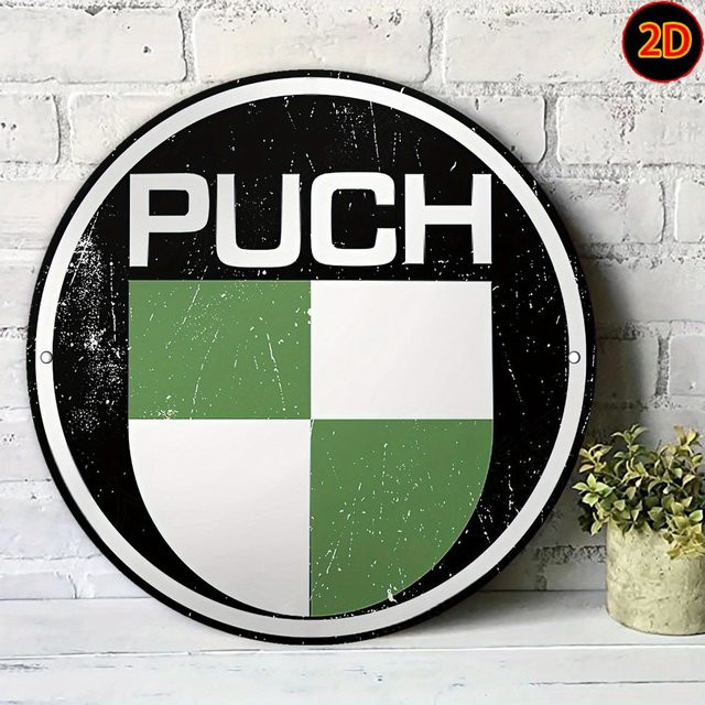 Potdemiel Vintage Metallschild PUCH rund mit grün-weiß kariertem Design aus Aluminium - Bild 1