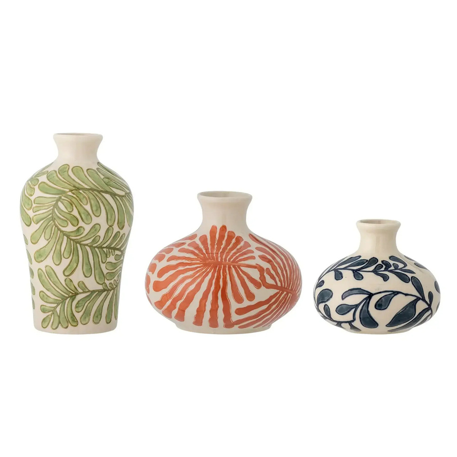 Bloomingville Vasenset Fauni aus Steingut in Grün mit Pflanzenmotiven, Set aus 3 Tischvasen im skandinavischen Design - Bild 1
