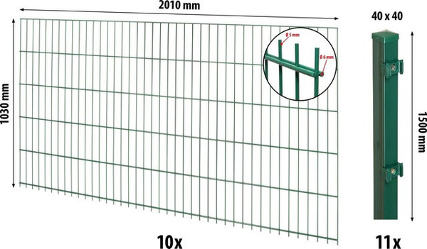 Floraworld Doppelstabmatten-Zaun Set aus Stahl in Grün mit Pfosten, Höhe: 200 cm, Breite: 103 cm, Pfostenmaß: 4 x 4 cm