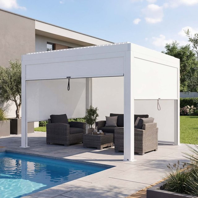 MCW Pergola L46 Lamellen-Pavillon mit Seitenwand und Rollo, Farbe: Weiß, B/T/H: 300 x 300 x 210 cm - Bild 1