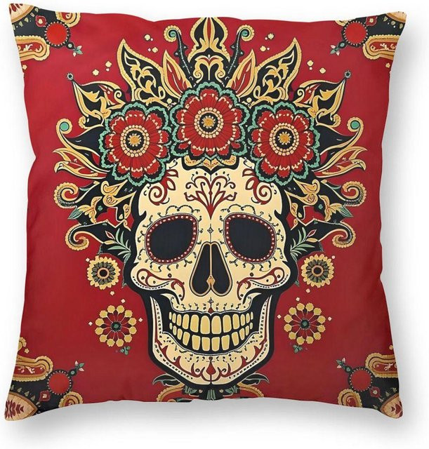 Dekorativer Platzkissenbezug Día De Muertos von Lu Xika Chen in Rot aus Polyester und Leinen mit Reißverschluss, B/T/H: 35 x 35 x 35 cm - Bild 1
