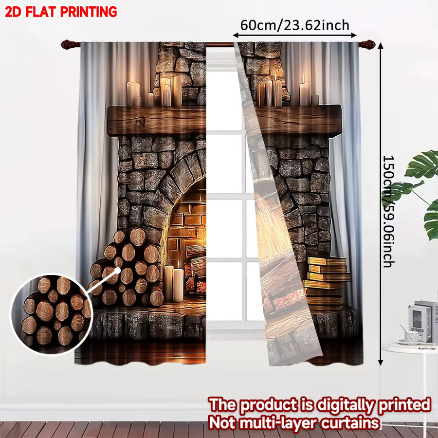 2er-Set Weihnachts-Vorhänge aus Polyester mit Kamin- und Kerzenmotiv in Multicolour - Bild 2