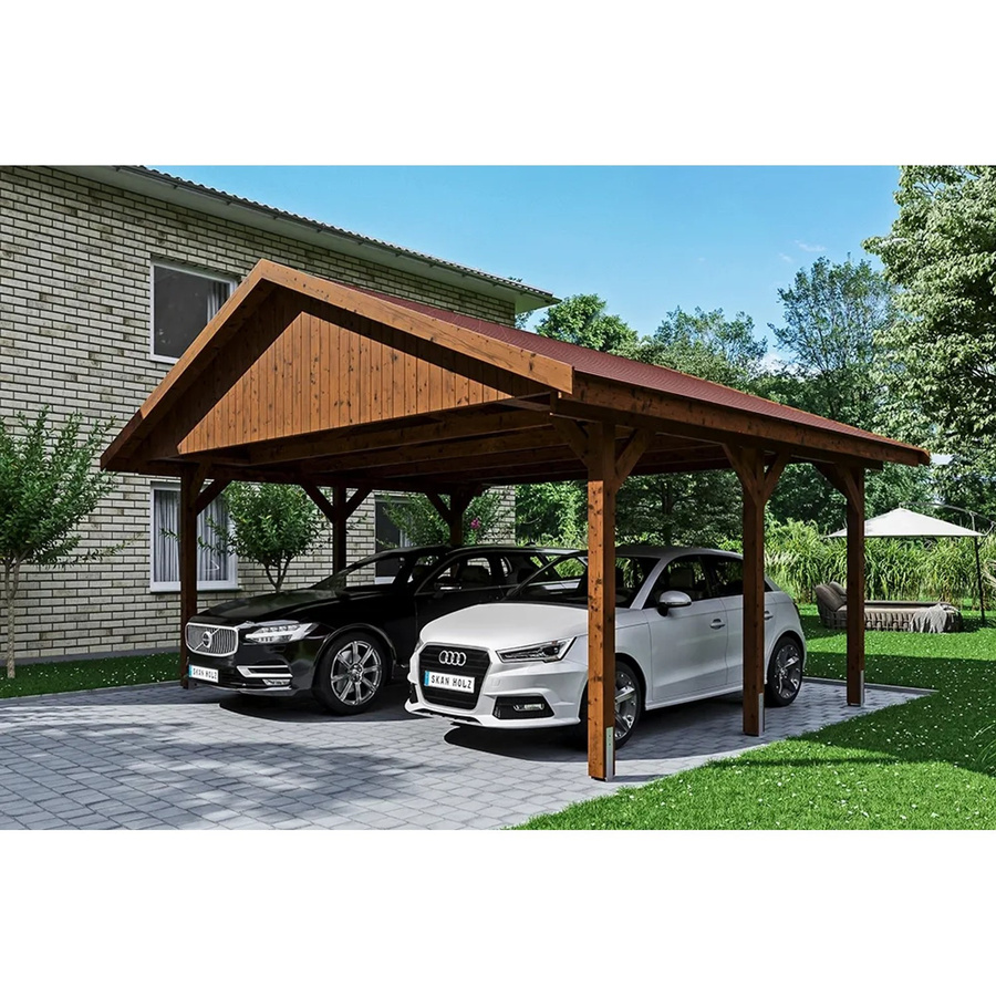 SKANHOLZ Satteldach-Carport Wallgau in Nussbaum mit roten Schindeln, B/T: 620 x 500 cm, Firsthöhe: 354 cm - Bild 2