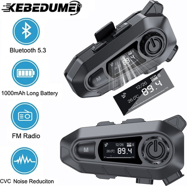 Kebidumei Bluetooth 5.3 Motorrad Helm Headset mit FM Radio und LED-Display in Schwarz - Bild 1