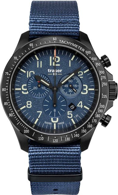 Traser Chronograph, Quarz, Edelstahl, 46 mm, Blau, Textil/NATO, Herren - Bild 1