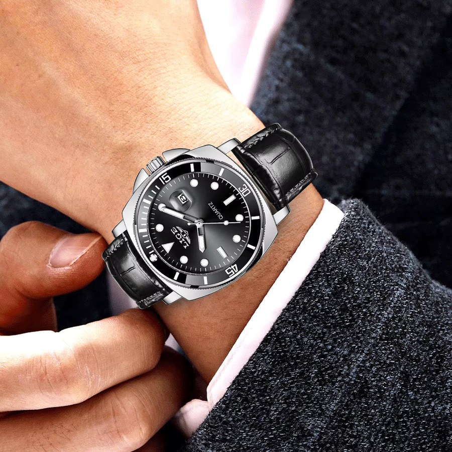 LIGE Armbanduhr Chronograph, Quarz, Leder, Edelstahl, Schwarz, Herren - Bild 5