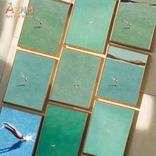 Potdemiel Wandposter Swimming Into The Sea in Green Ocean und Turquoise, selbstklebender wasserdichter Papieraufkleber im modernen abstrakten Design - Bild 1