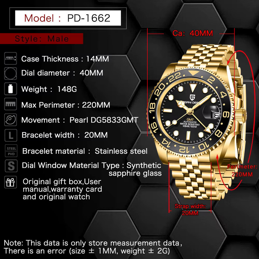 Pagani Design GMT Armbanduhr, Automatik, Edelstahl, Gold, 40 mm, Herren - Bild 4