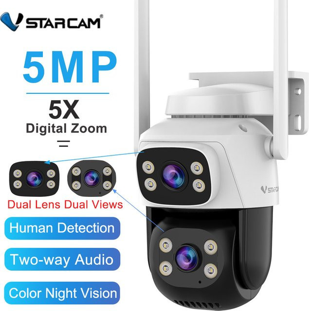 Vstarcam 5MP Dual-Objektiv WLAN PTZ-Kamera mit Doppelbildschirm, 5-fach Digitalzoom und Nachtsicht, weiße Smart Überwachungskamera für Outdoor und Zuhause - Bild 1