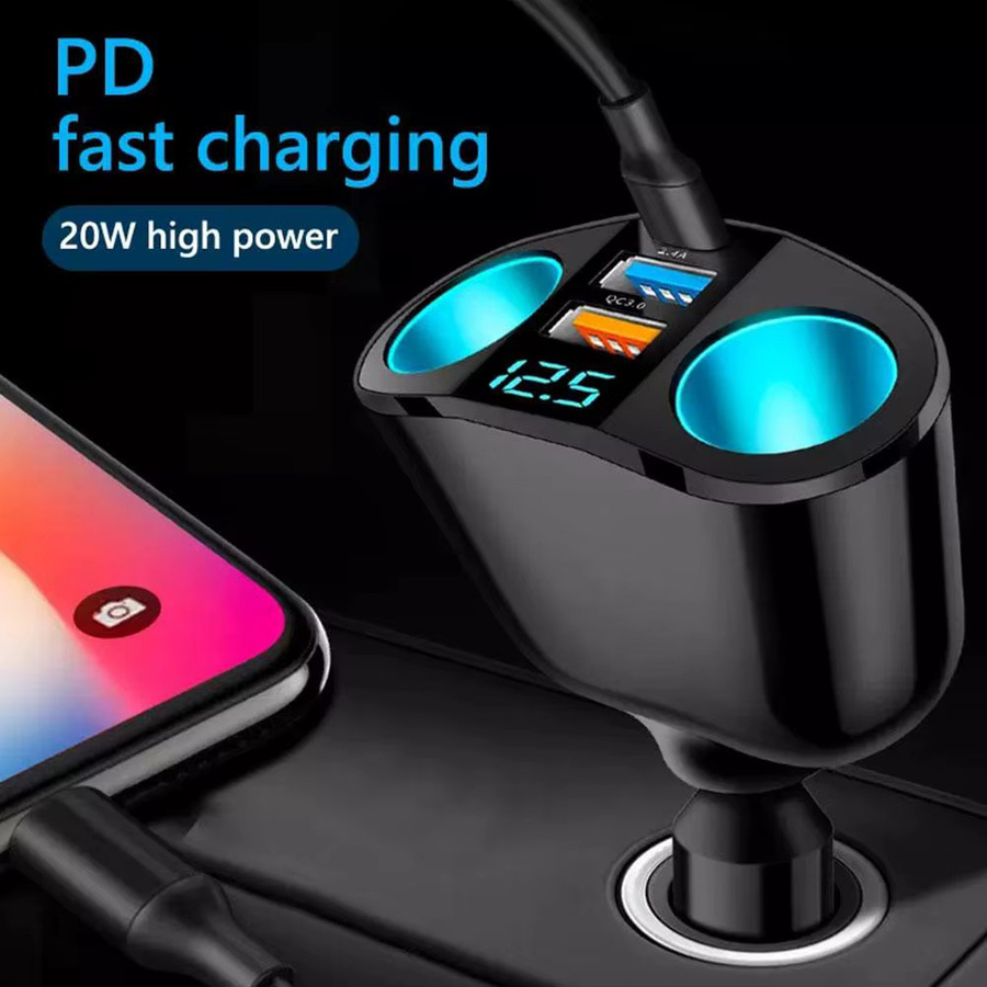Auto Zigarettenanzünder Steckdose Splitter mit blauem Atmosphärelicht, PD und QC3.0 USB-C Ports für 12V-24V, Schwarz/Blau - Bild 4