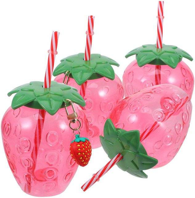 Binchi Outdoor Product 4er-Set Kinder Trinkbecher mit Strohhalm und Deckel aus Polypropylen in Rosa und Grün - Bild 1
