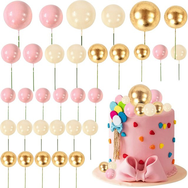ZQNYCY 32-teiliges Kuchen Topper Set in Rosa und Gold mit Perlen, Kugeln und Flaggen für Geburtstag, Hochzeit und Party-Dekorationen - Bild 1
