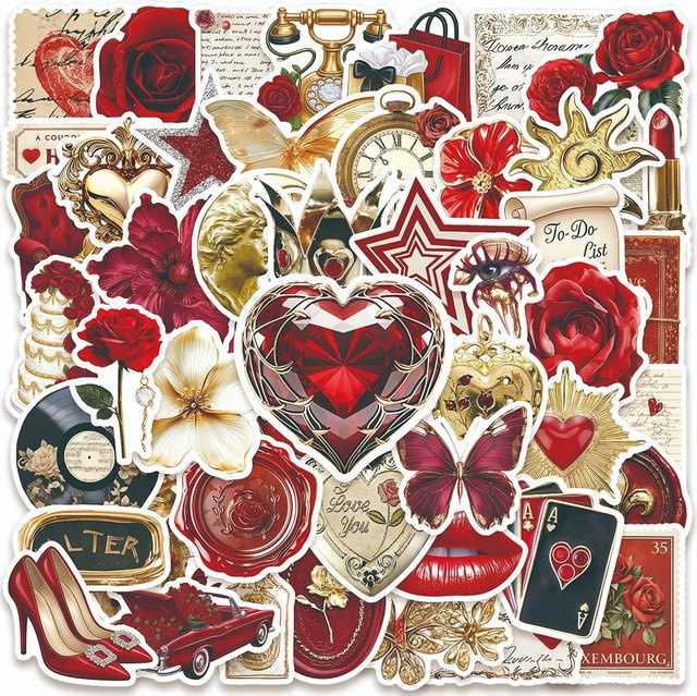 Rspctou Vintage Aufkleber Set mit roten Rosen und goldenen Akzenten für DIY Dekorationen wie Wasserflaschen und Handys in Rot und Gold - Bild 1