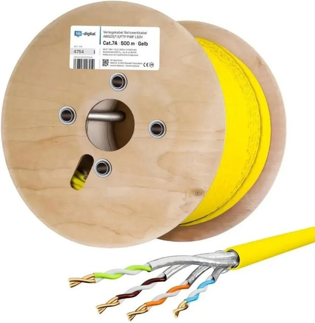 hb-digital Netzwerkkabel CAT 7a Verlegekabel S/FTP AWG23 LSZH Gelb 500m - Bild 1