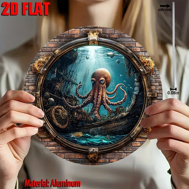Potdemiel Metallwandkunst Unterwasserwelt mit Krake und Schiffswrack, Mehrfarbig, B/H: 20 x 20 cm - Bild 1