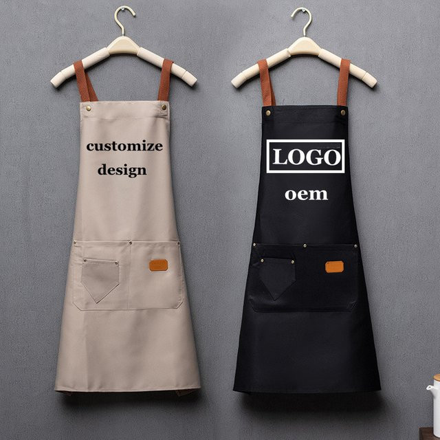 Personalisierte XMSJ Küchenschürze mit Stickerei-Logo in Beige, wasserdichte Latzschürze mit Bauchtasche für Erwachsene zum Kochen und Backen - Bild 1