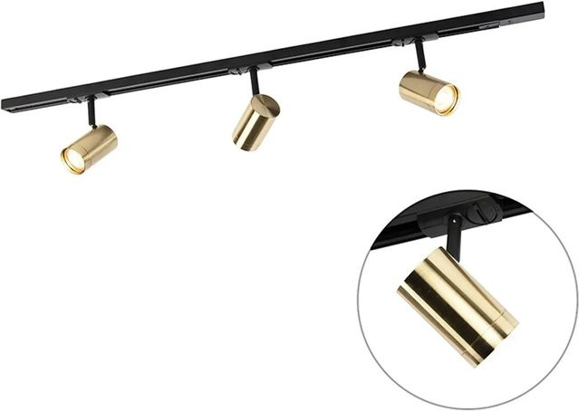 QAZQA Schienensystem Jeana mit 3 dimmbaren Spots, 1-phasig, Schwarz und Gold/Messing - Bild 1