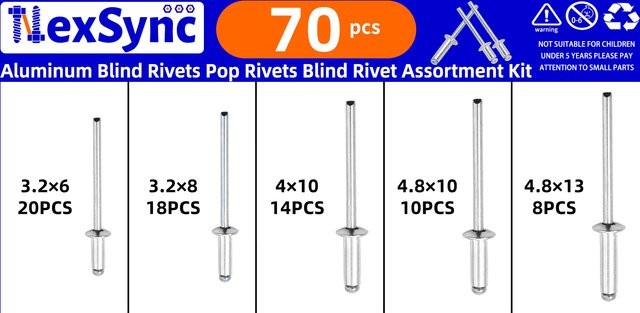 NexSync 70-teiliges Aluminium-Blindnieten-Set in Silber mit Kuppelkopf für M3,2 M4 und M4,8 - Bild 1