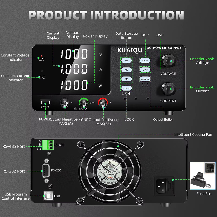 KUAIQU Einstellbares Labor-Gleichstromnetzteil Schwarz mit RS-485, RS-232 und USB-Anschluss (0-1000V, 0-1A, 0-1000W) - Bild 2