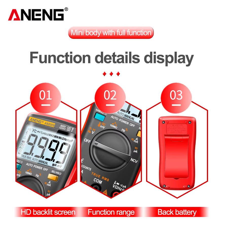 ANENG AN8009 Mini Digital Multimeter True RMS Transistor Tester in Rot - Bild 3