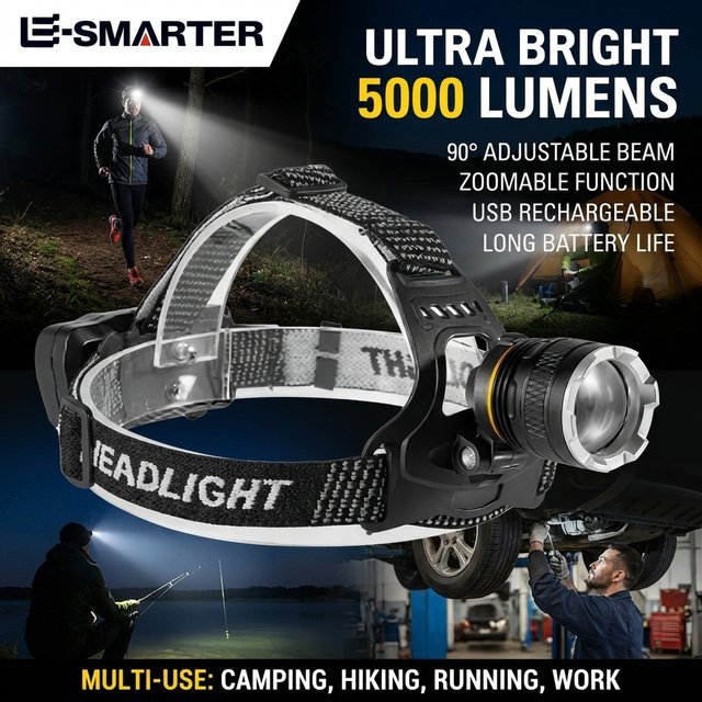 ESMARTER Wasserdichte LED Stirnlampe mit Zoom-Funktion und wiederaufladbarem Akku in Schwarz - Bild 1