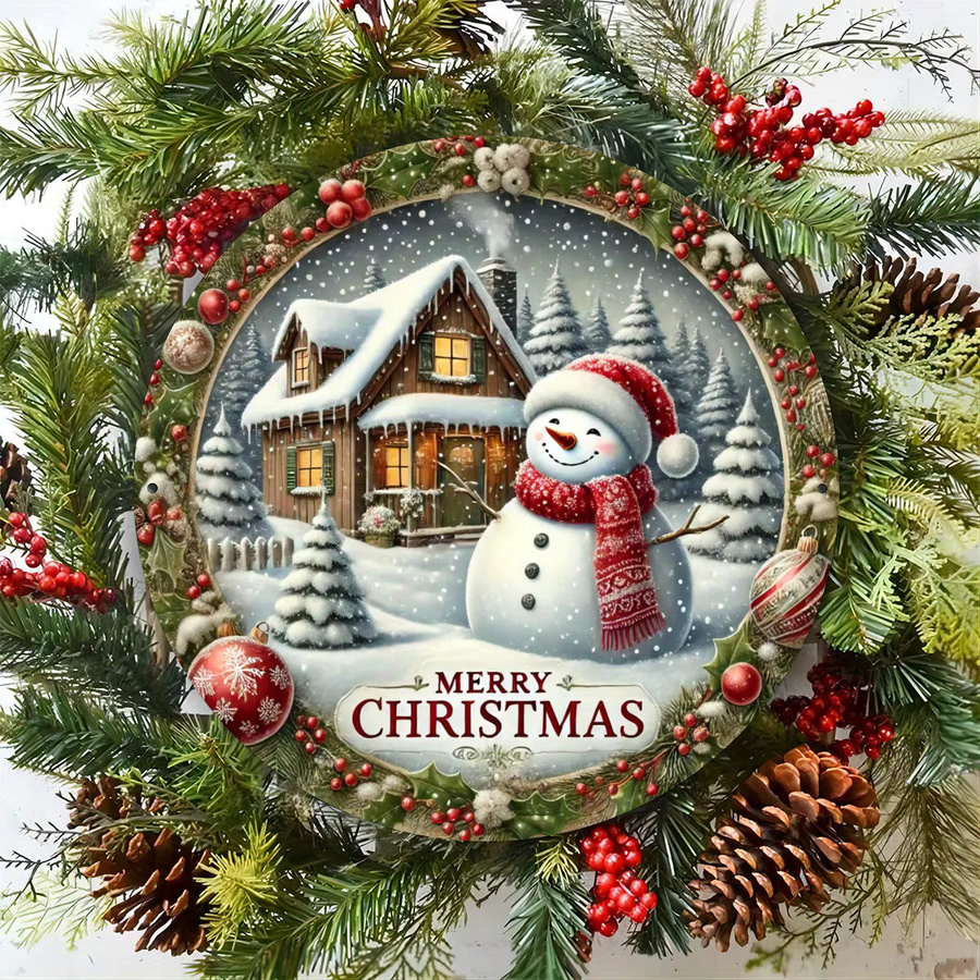 Potdemiel Weihnachtsschneehaus und Schneemann Runde Metallwandkunst Vintage Eisenschild, Durchmesser: 20,32 cm, Mehrfarbig - Bild 2