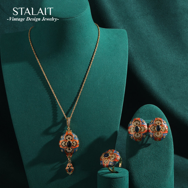 STALAIT Schmuck-Set, Gold, Damen, Blütenblatt Anhänger, Halskette, Ohrringe, Ringe - Bild 1