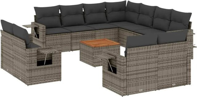 vidaXL 12-teilige Garten-Sofagarnitur aus Poly-Rattan und Akazienholz in Grau mit Kissen - Bild 1