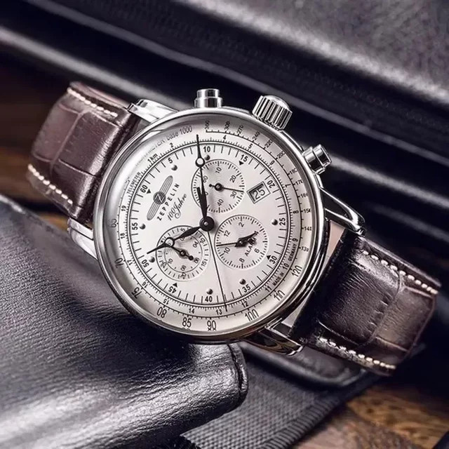 Zeppelin Armbanduhr, Quarz, Edelstahl, Leder, Weiß, Herren - Bild 1