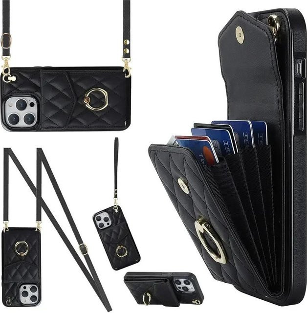 G.MING Crossbody Lanyard Leder Geldbörse und Handyhülle für iPhone 17 Air 16 15 14 13 12 11 Pro Max Plus XS XR in Schwarz oder Lila - Bild 1