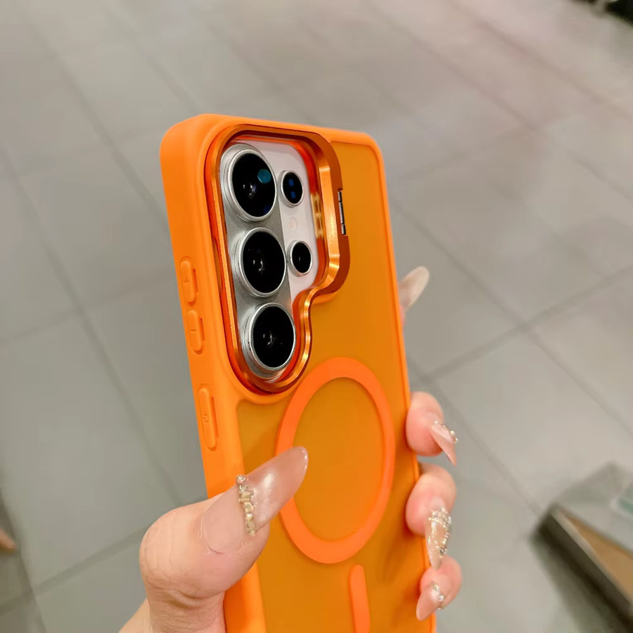 Magnetische Magsafe Stoßfängerhülle mit Kamera-Faltständer für Samsung S26 S25 FE Ultra Plus A17 A26 A16 A56 in Rot und Orange - Bild 2