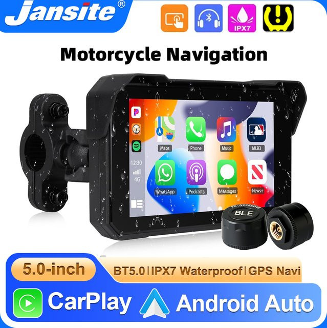 Jansite Tragbares 5-Zoll Motorrad-GPS-Navigationsdisplay mit CarPlay und Android Auto in Schwarz - Bild 1