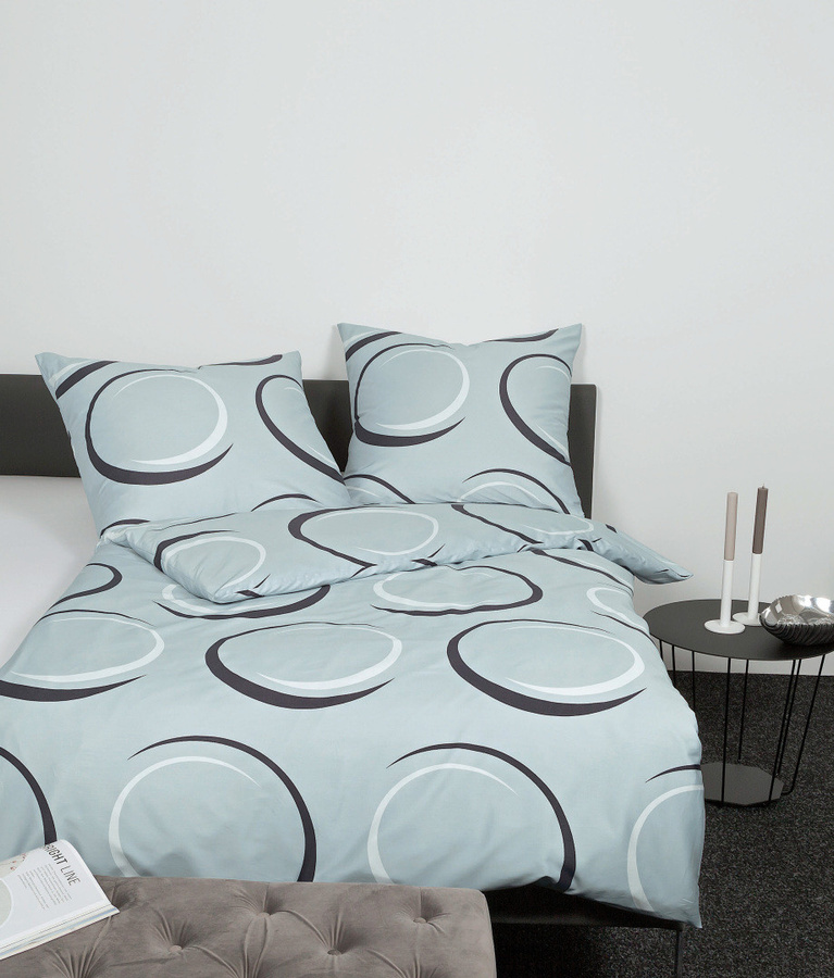 Janine J.D. Mako-Satin Bettwäsche mit Kissenbezug in Hellblau und Dampfsilber, Design Kreise, B/H: 240 x 220 cm, Kissen: 80 x 80 cm - Bild 1