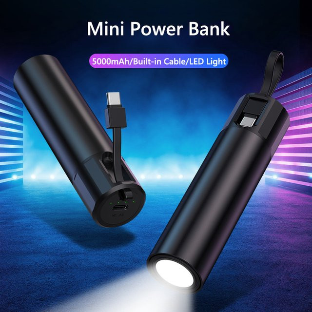 Tragbare Mini Powerbank mit 5000 mAh und integriertem Kabel sowie LED Taschenlampe in Schwarz für iPhone, Samsung, Xiaomi und Huawei - Bild 1
