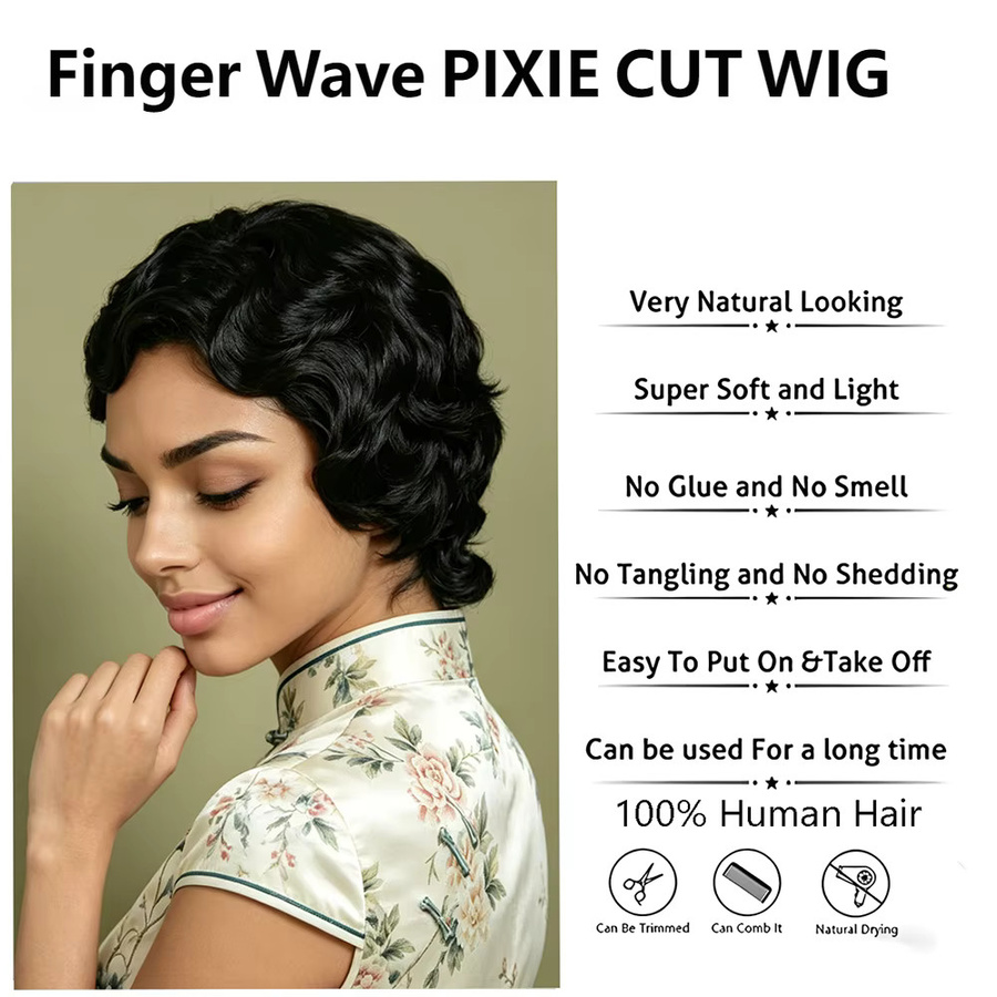 OYM HAIR Echthaar-Perücke, Retro Fingerwave, Naturschwarz - Bild 2